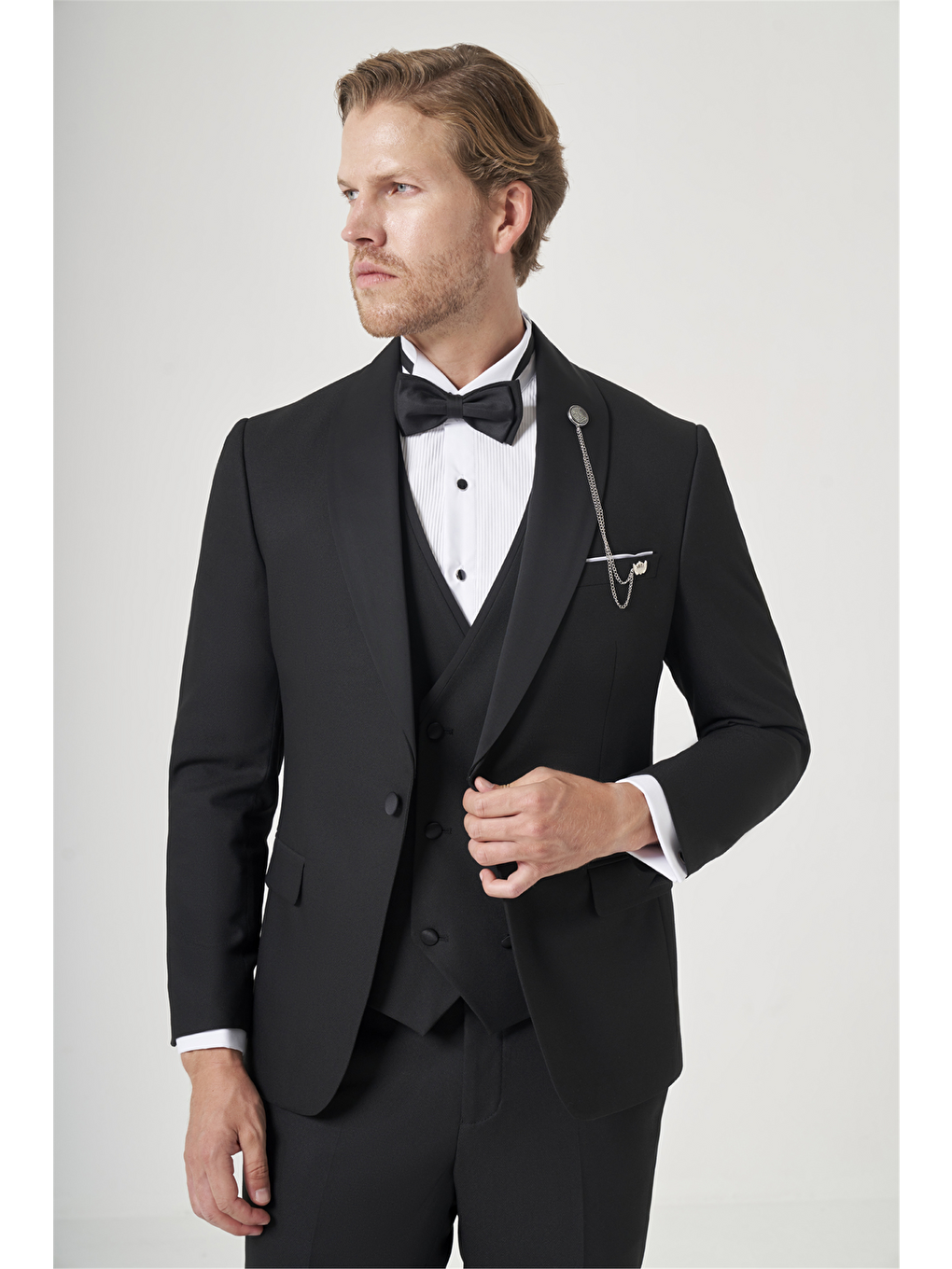 Siyah Kırlangıç Yaka Düz Desen 6 Drop Slim Fit Yelekli Damatlık Takım Elbise 1001260206-2