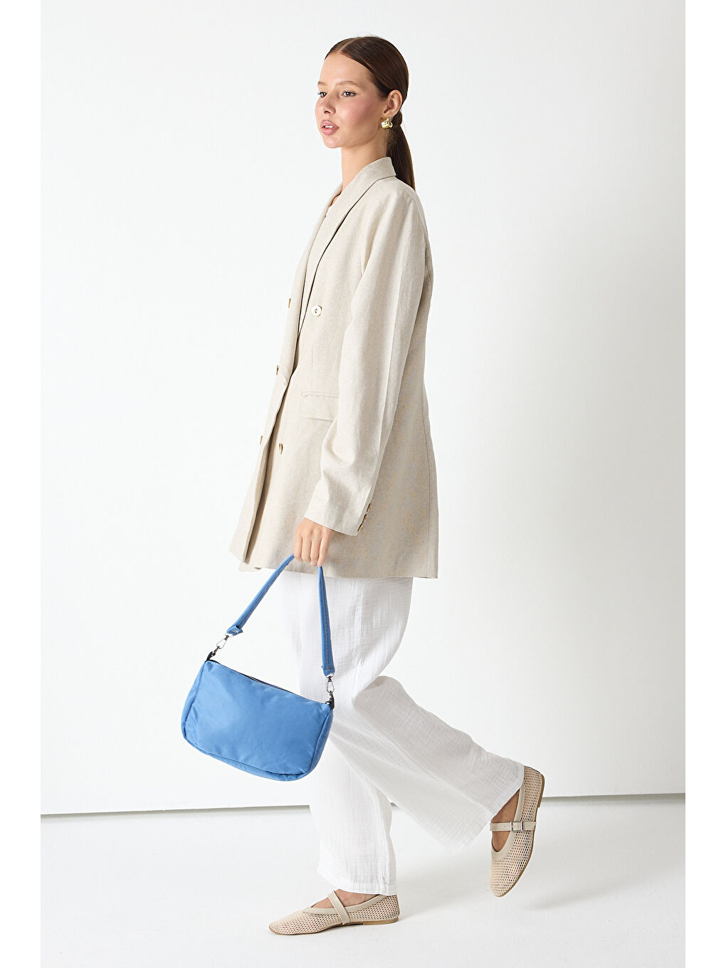 Kadın Jean Mavi Minimal Tasarım Kumaş Baget Omuz Çantası-1