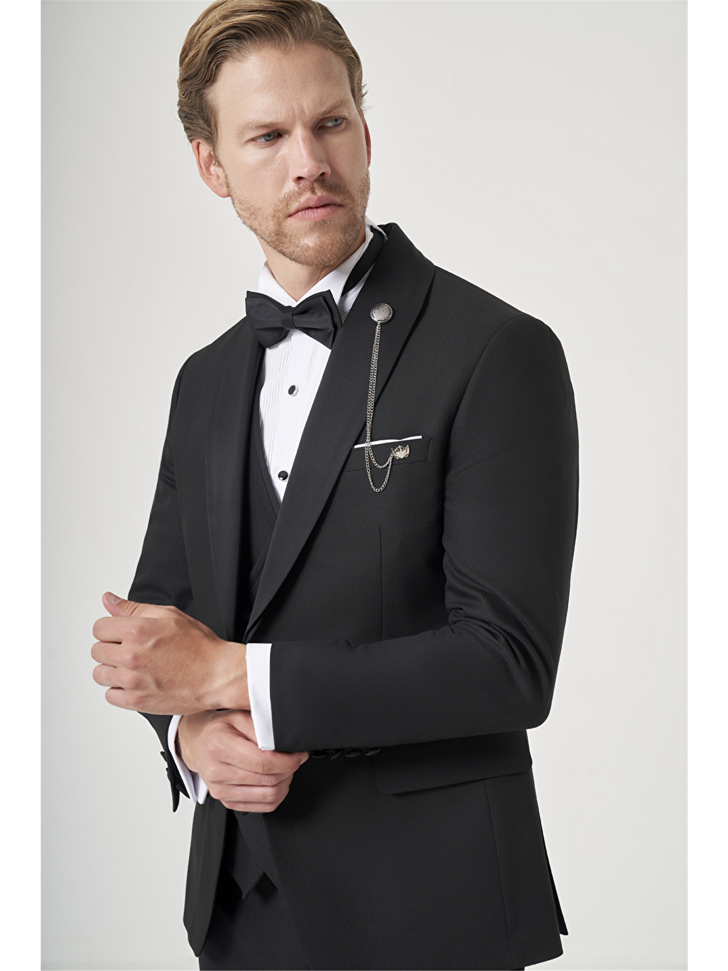 Siyah Kırlangıç Yaka Düz Desen 6 Drop Slim Fit Yelekli Damatlık Takım Elbise 1001260206-3