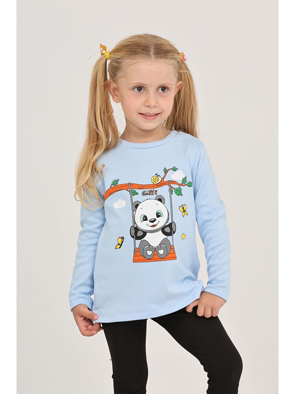 Mavi Kız Çocuk Sallanan Panda Baskılı Sweatshirt