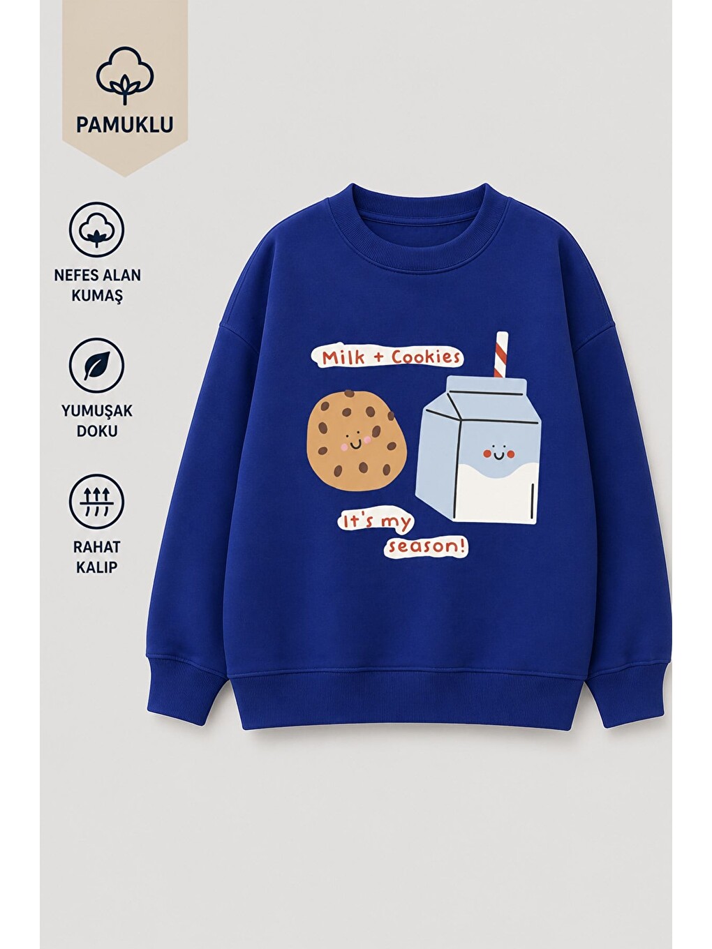 Lacivert Kız Çocuk 3 İplik Kumaş Pamuklu Kurabiye Baskılı Sweatshirt-2