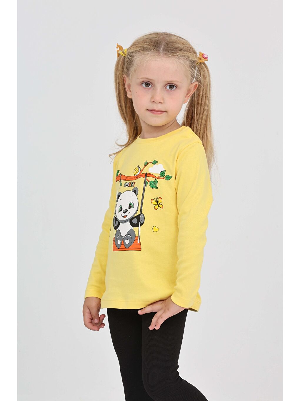 Sarı Kız Çocuk Sallanan Panda Baskılı Sweatshirt-2