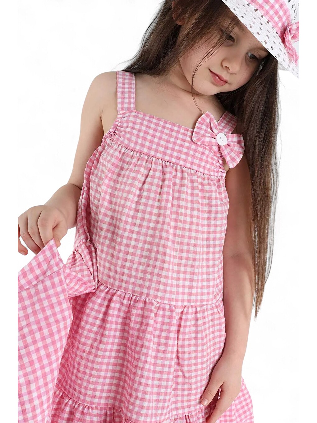 Pembe Kız Çocuk Yazlık Fiyonklu Pötikare Desen Şapkalı 3-4-5-6-7-8-9-10 Yaş Elbise-4