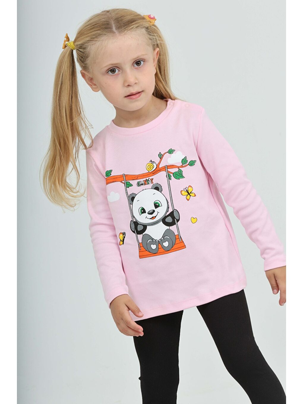 Pembe Kız Çocuk Sallanan Panda Baskılı Sweatshirt-1