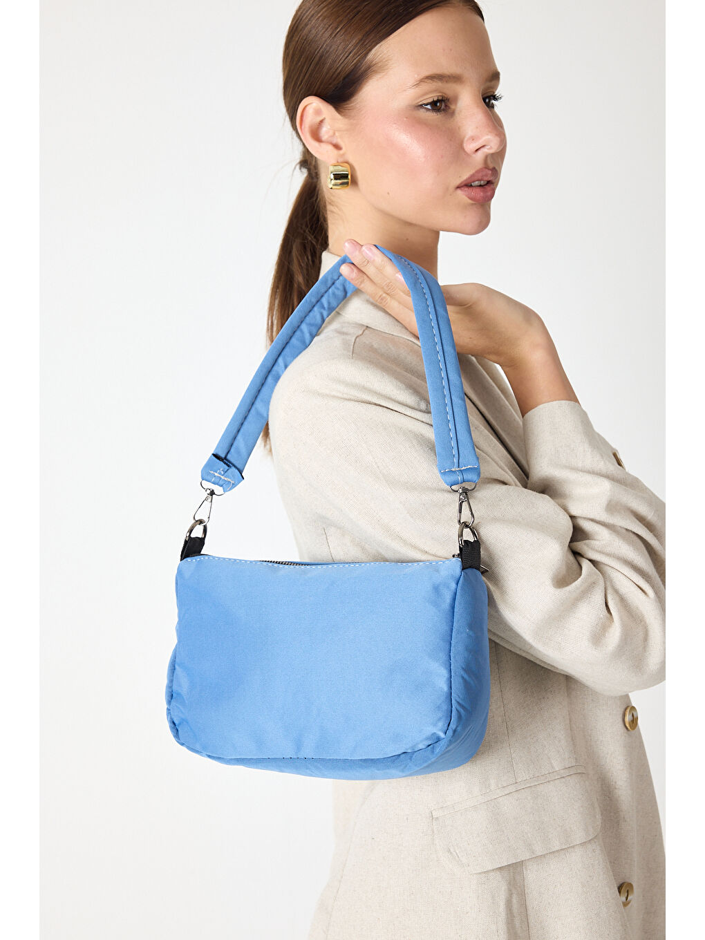 Kadın Jean Mavi Minimal Tasarım Kumaş Baget Omuz Çantası-2