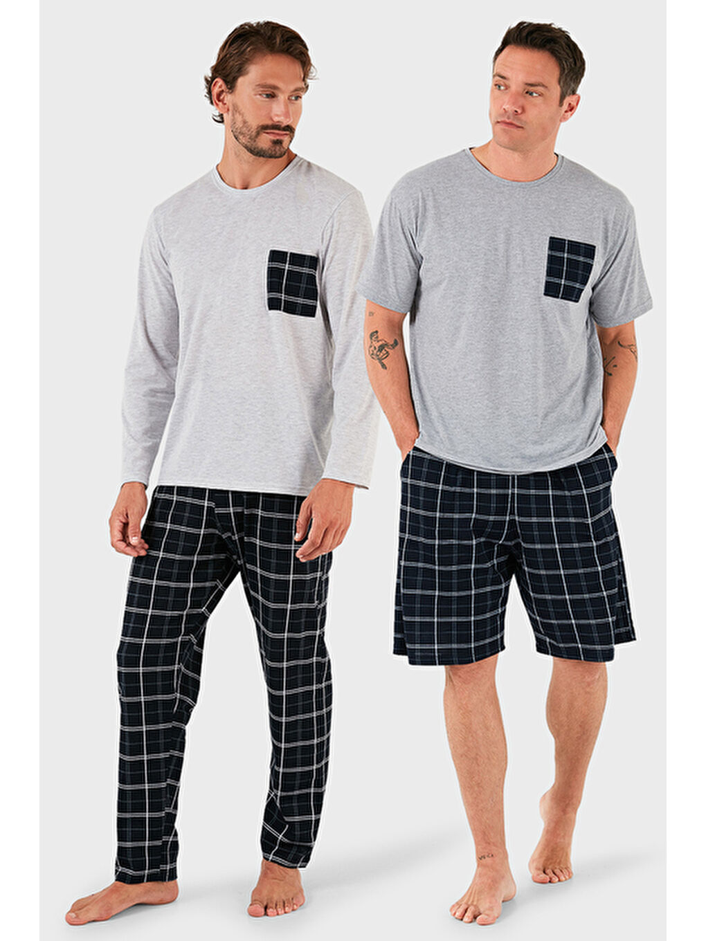Gri Pamuklu Regular Fit Kareli 2'li Paket Pijama Takımı 657200120S2