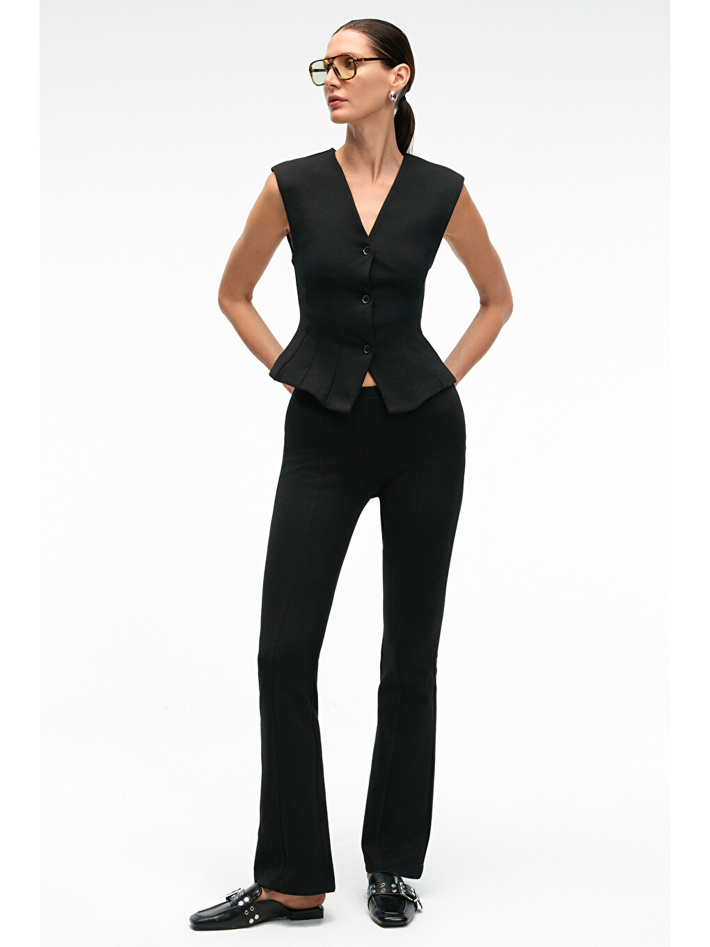 Kalyysıa Kadın Yüksek Bel Geniş Paçalı Slim Fit Siyah Pantolon-5