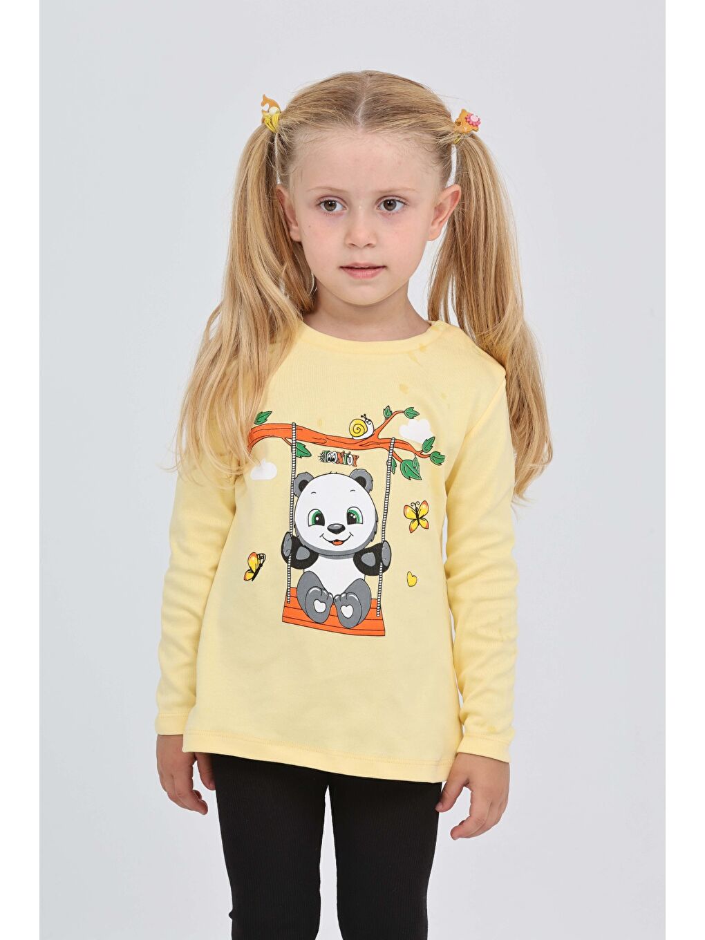 Sarı Kız Çocuk Sallanan Panda Baskılı Sweatshirt-1