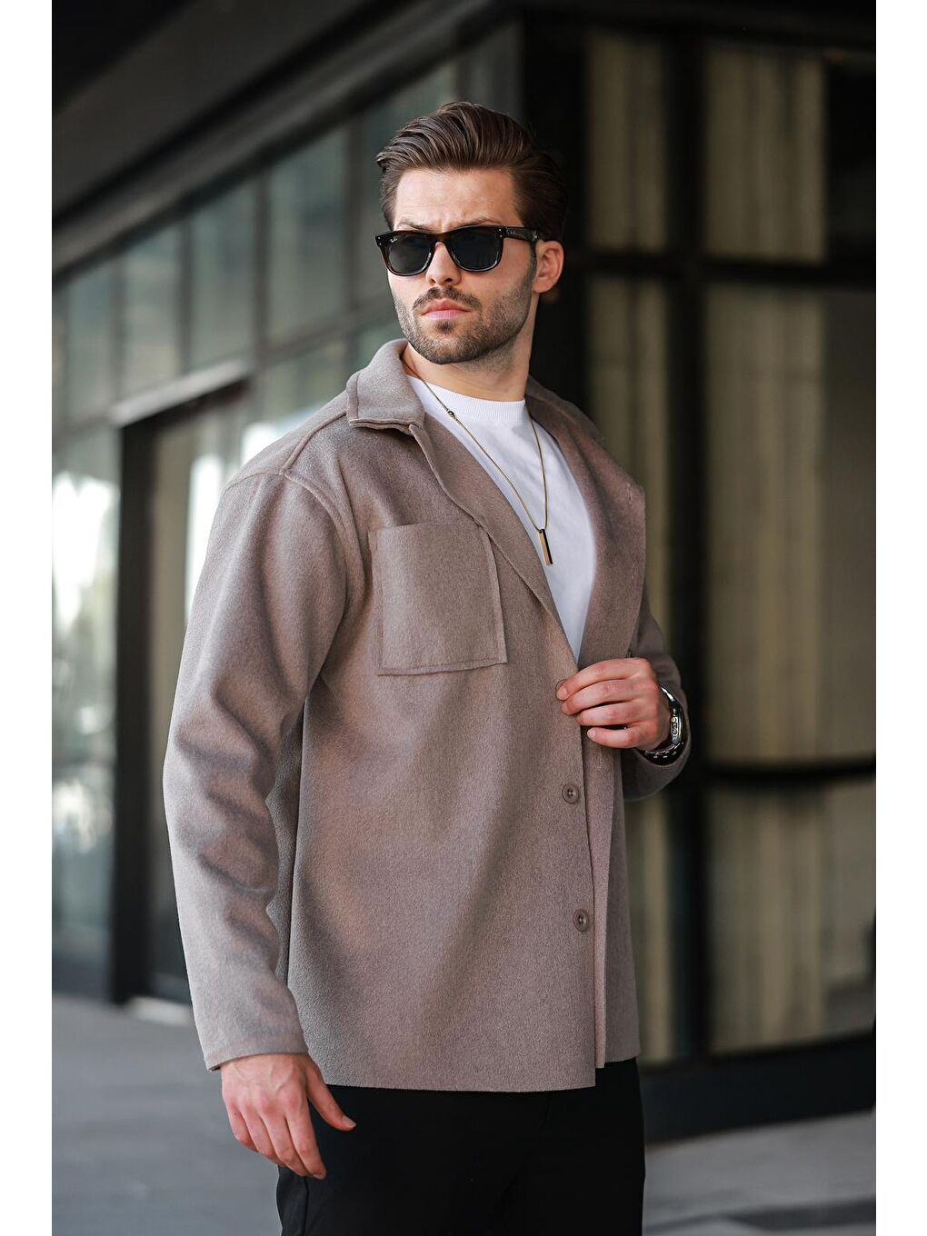 Kahverengi Camel Cepli Basic Erkek Polar Gömlek E6764-2