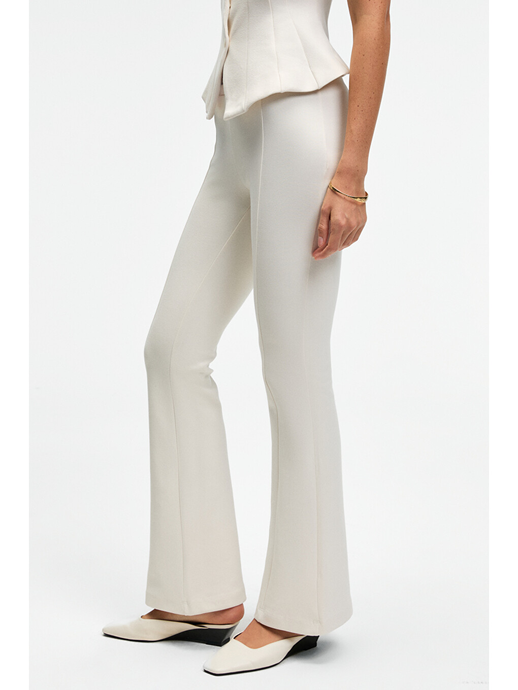 Kalyysıa Kadın Yüksek Bel Geniş Paçalı Slim Fit Ekru Pantolon-5
