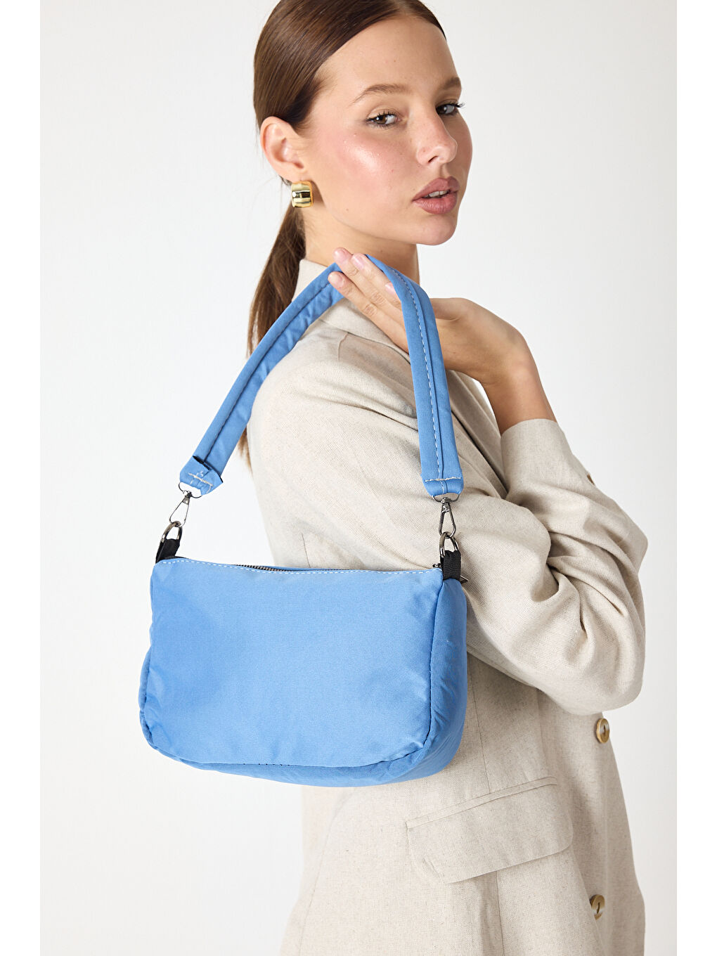 Kadın Jean Mavi Minimal Tasarım Kumaş Baget Omuz Çantası-4