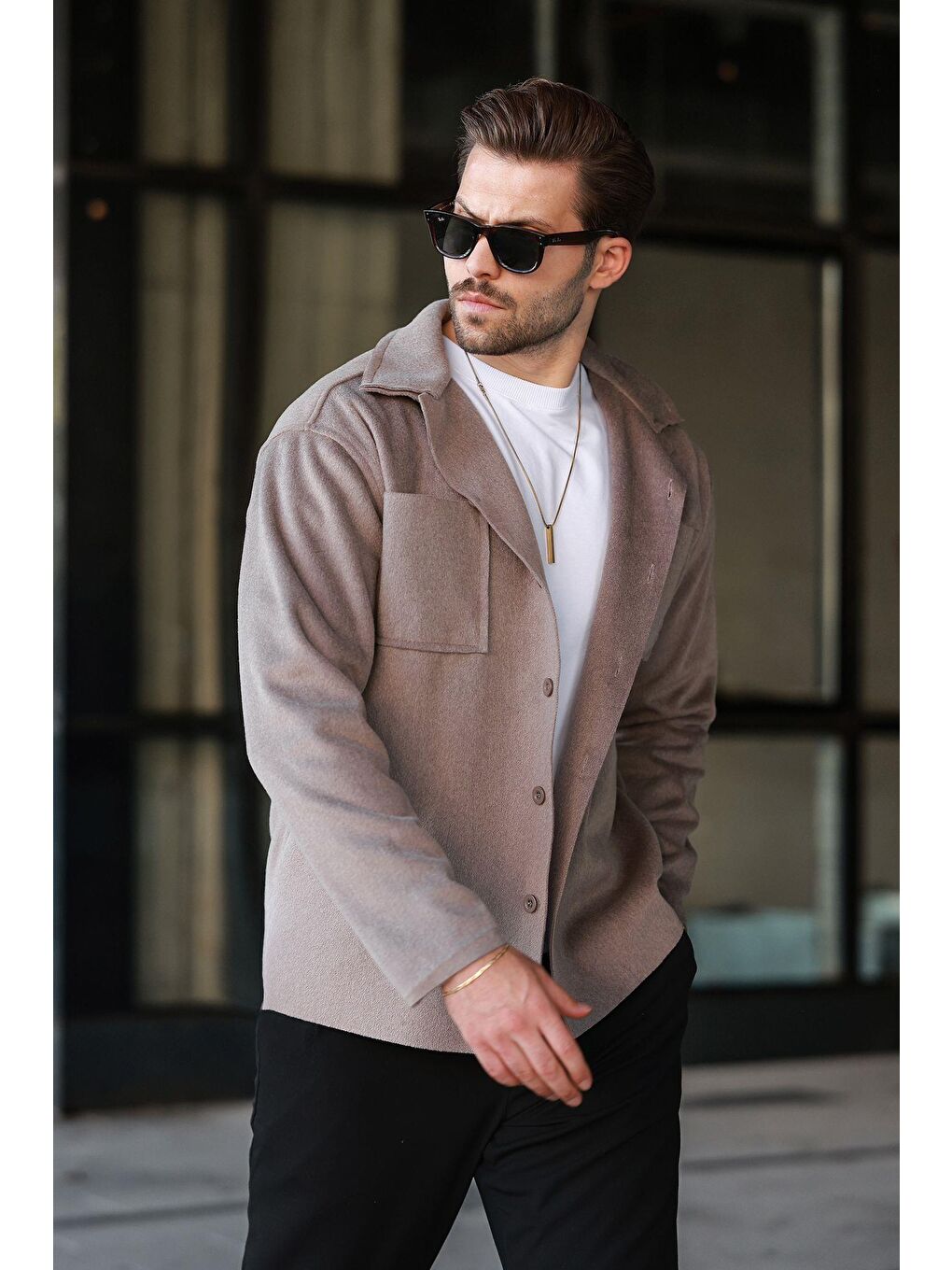Kahverengi Camel Cepli Basic Erkek Polar Gömlek E6764-3