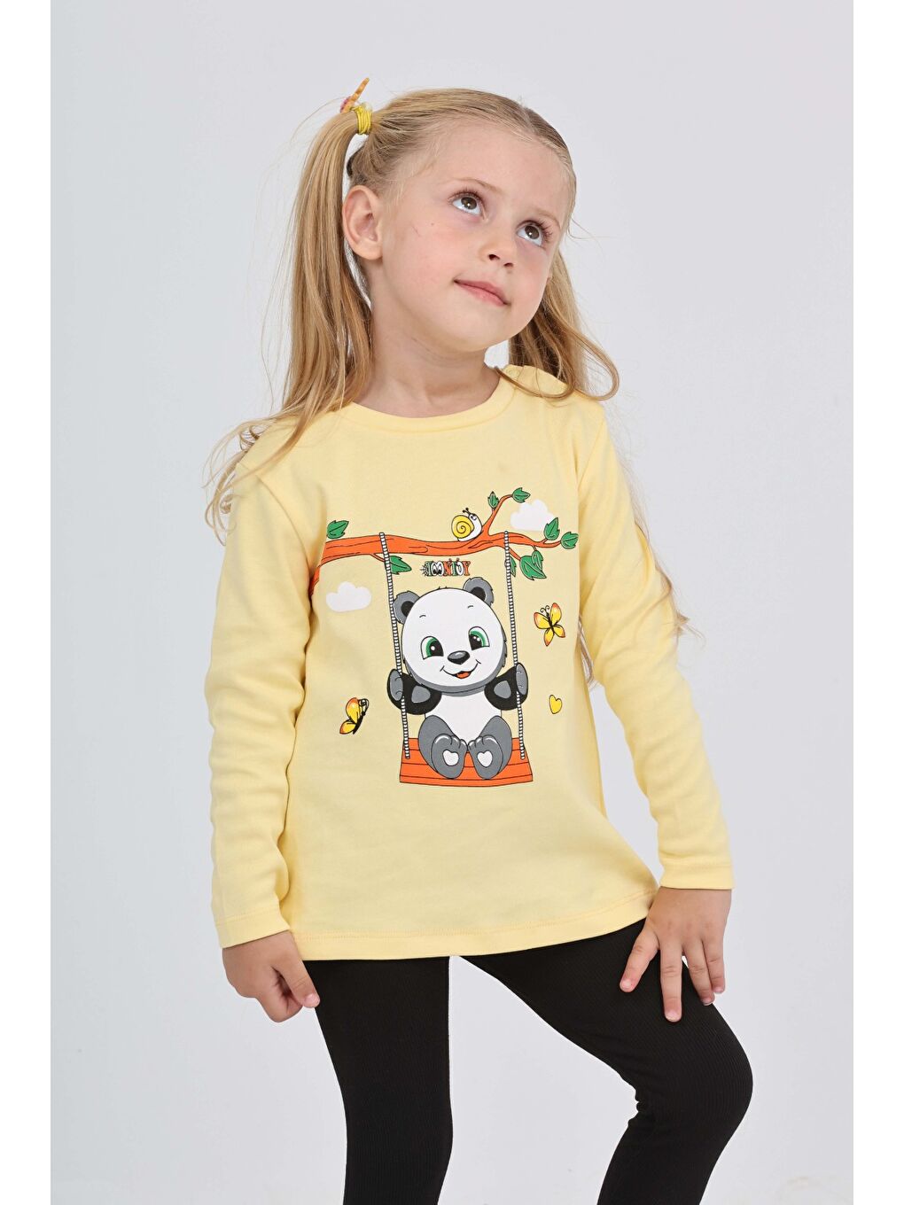 Sarı Kız Çocuk Sallanan Panda Baskılı Sweatshirt-3