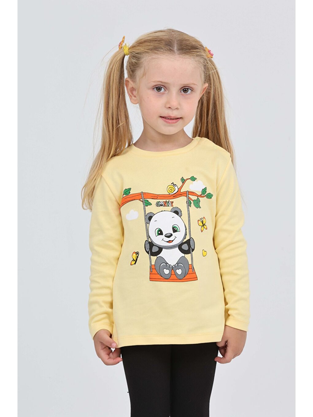 Sarı Kız Çocuk Sallanan Panda Baskılı Sweatshirt-4