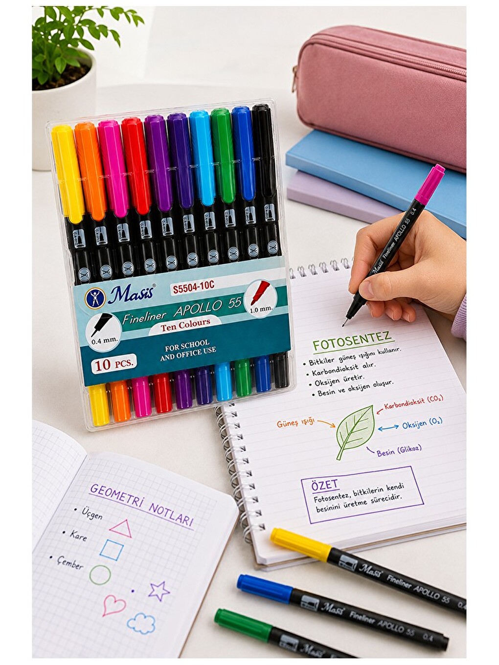 Fineliner 10 Lu Çift Taraflı İnce Uçlu Kalem 1 Paket Masis 10 Renk 04-1.0 Mm Keçe Uçlu Kalem Renkli-1