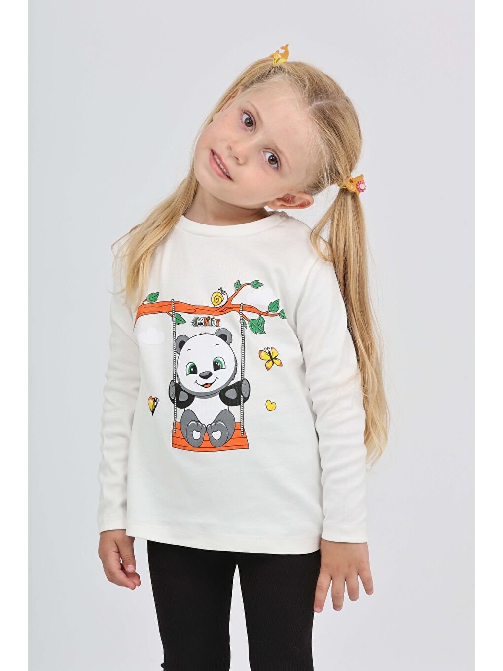 Ekru Kız Çocuk Sallanan Panda Baskılı Sweatshirt-2