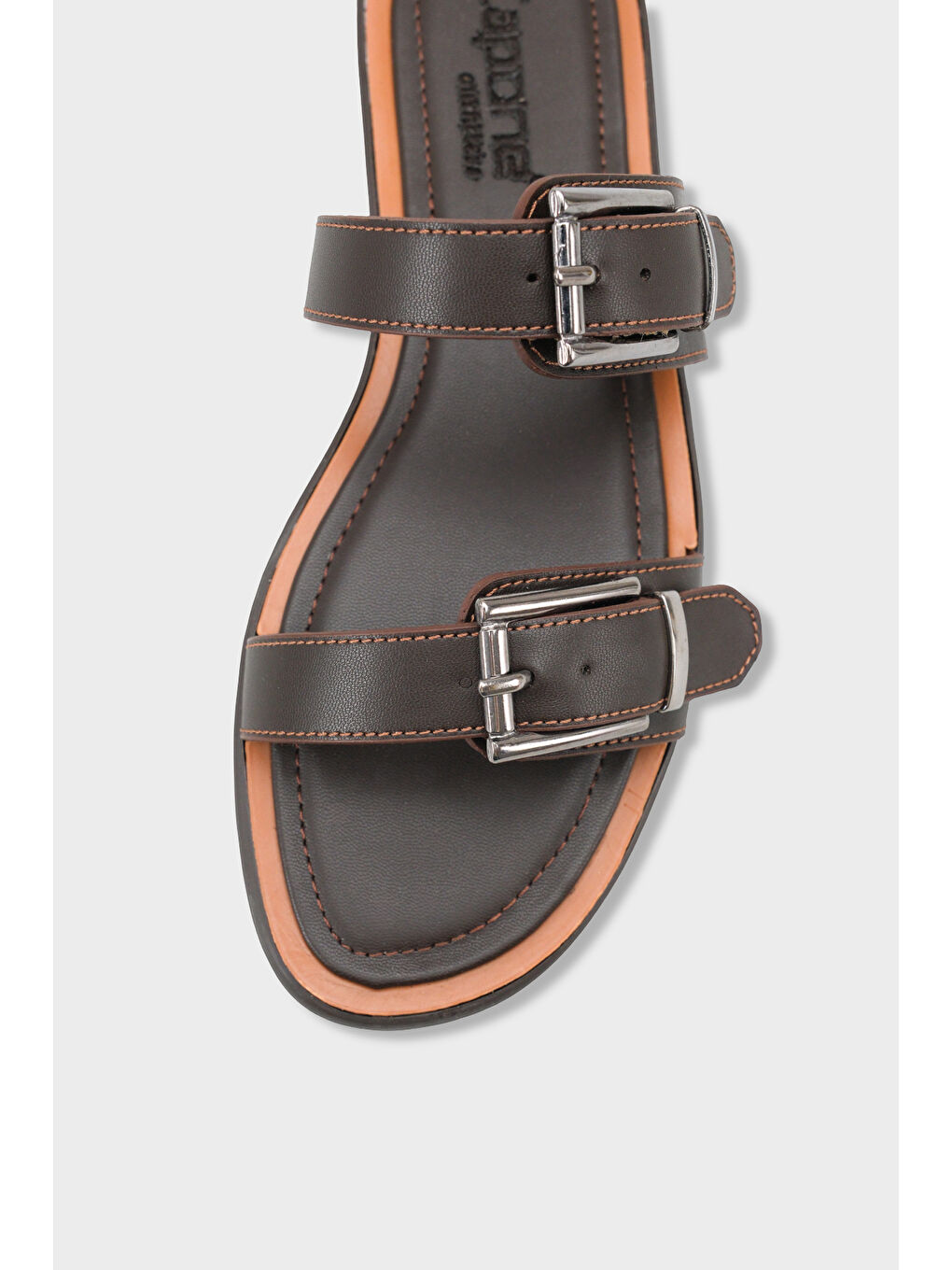 Kahverengi Madalyn Çift Tokalı Düz Topuklu Kadın Terlik Kadın Terlik-2