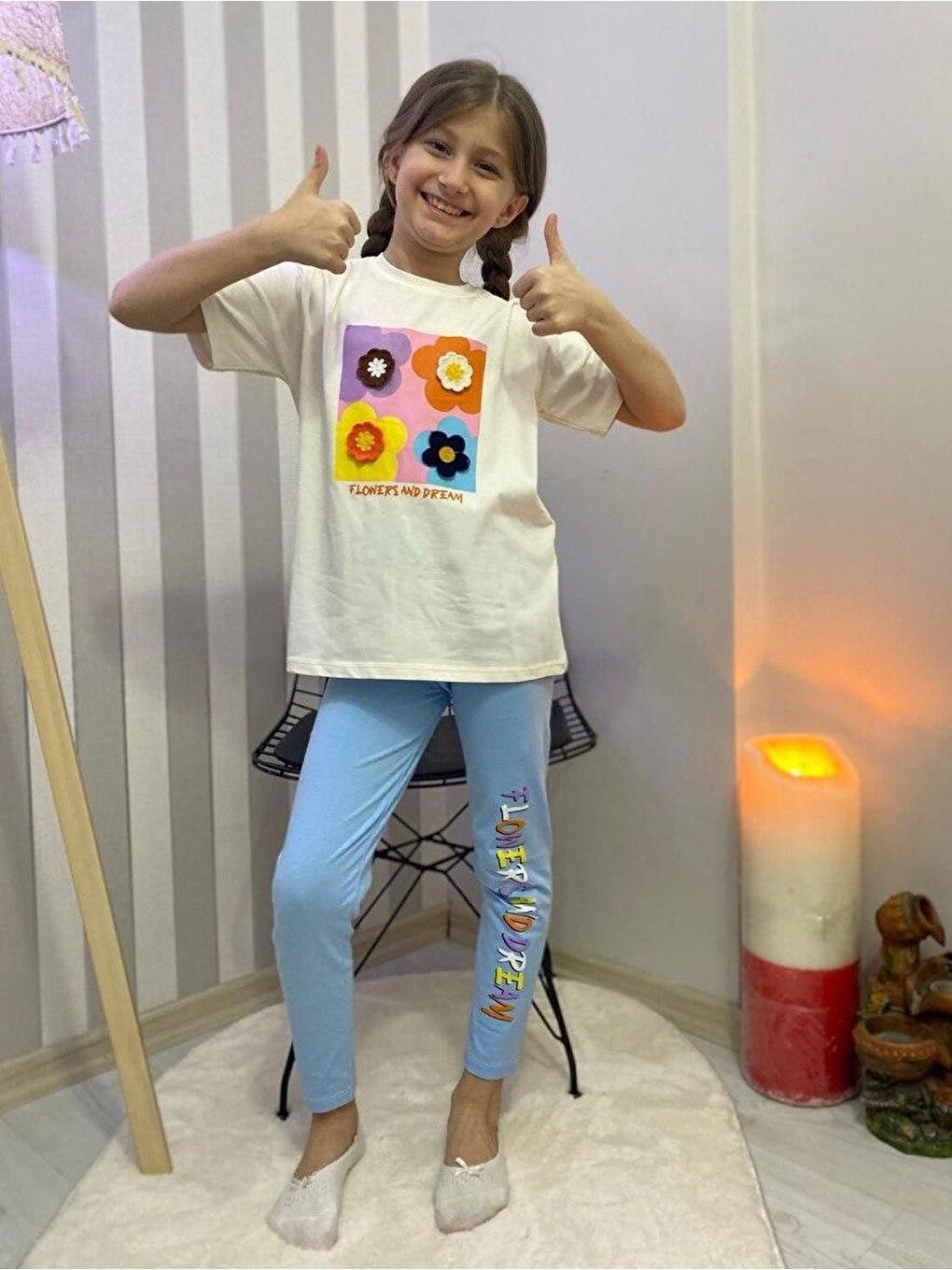 Mavi Kız Çocuk 3D Çiçek Motifli Yazlık Taytlı Badi Takım M00713-3