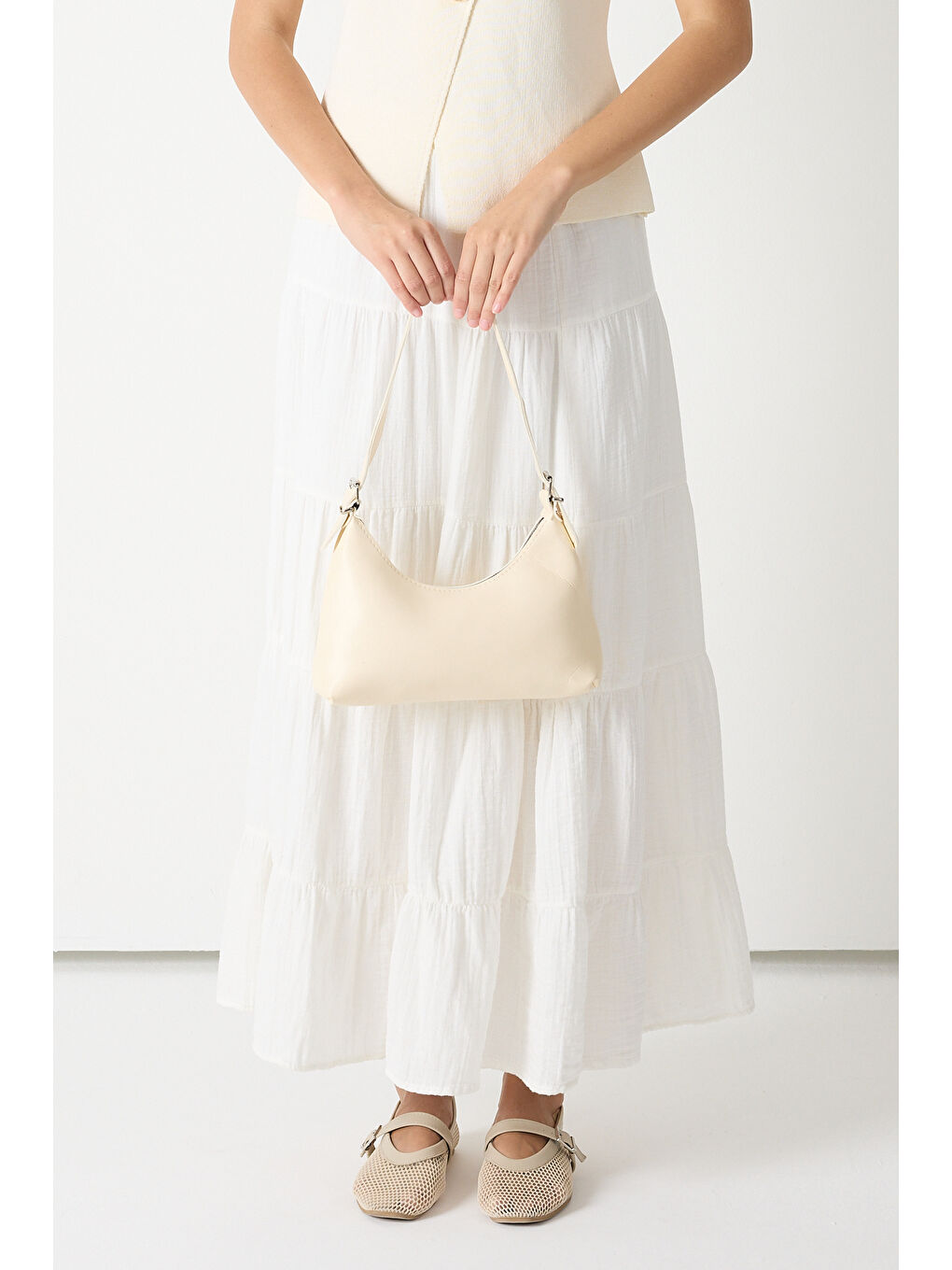 Ekru Kadın Krem Suni Deri Baget El ve Omuz Çantası-1