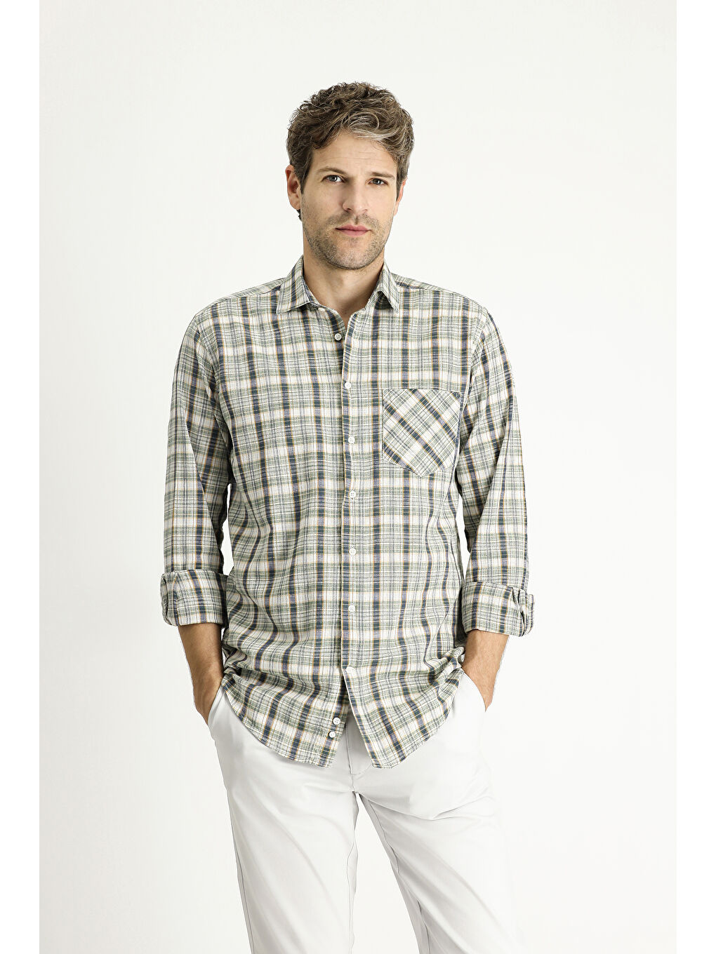 Haki Uzun Kol Regular Fit Ekose Pamuk Gömlek