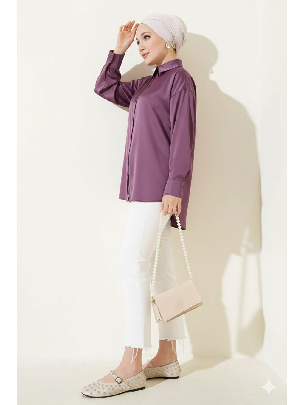 Kadın Lila Saten Yüzeyli Tesettür Gömlek HZL25W-BD139641-1