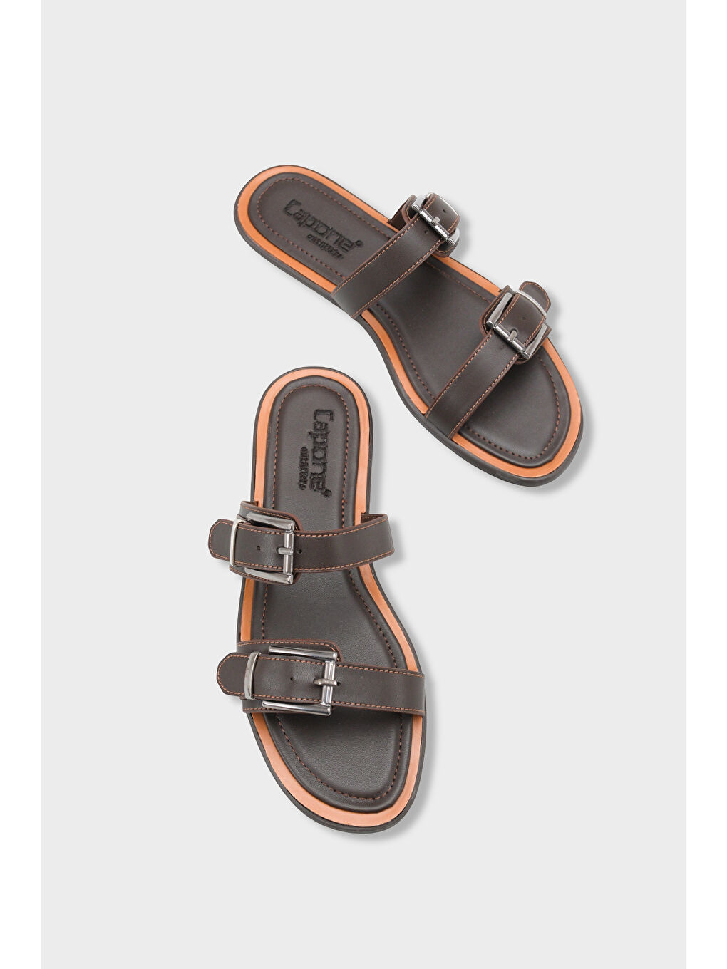 Kahverengi Madalyn Çift Tokalı Düz Topuklu Kadın Terlik Kadın Terlik-4