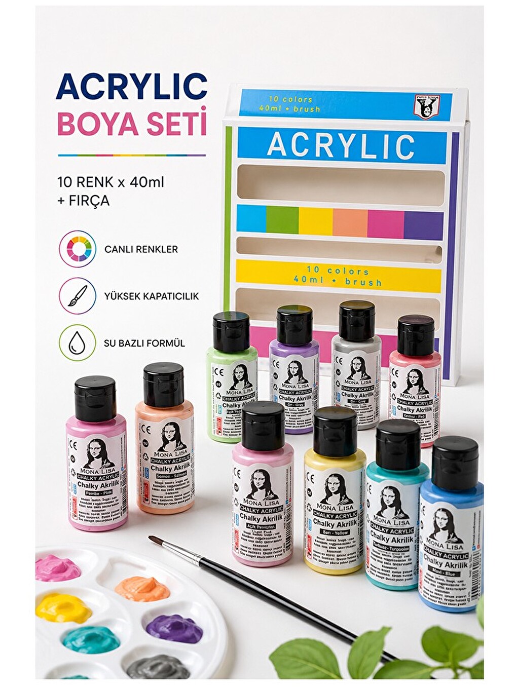 Chalk Akrilik Boya 10 Renkx40 Ml Fırça Hediyeli 1 Paket Monalisa Akrilik Boya Resim Dersi Tuval Ahşa