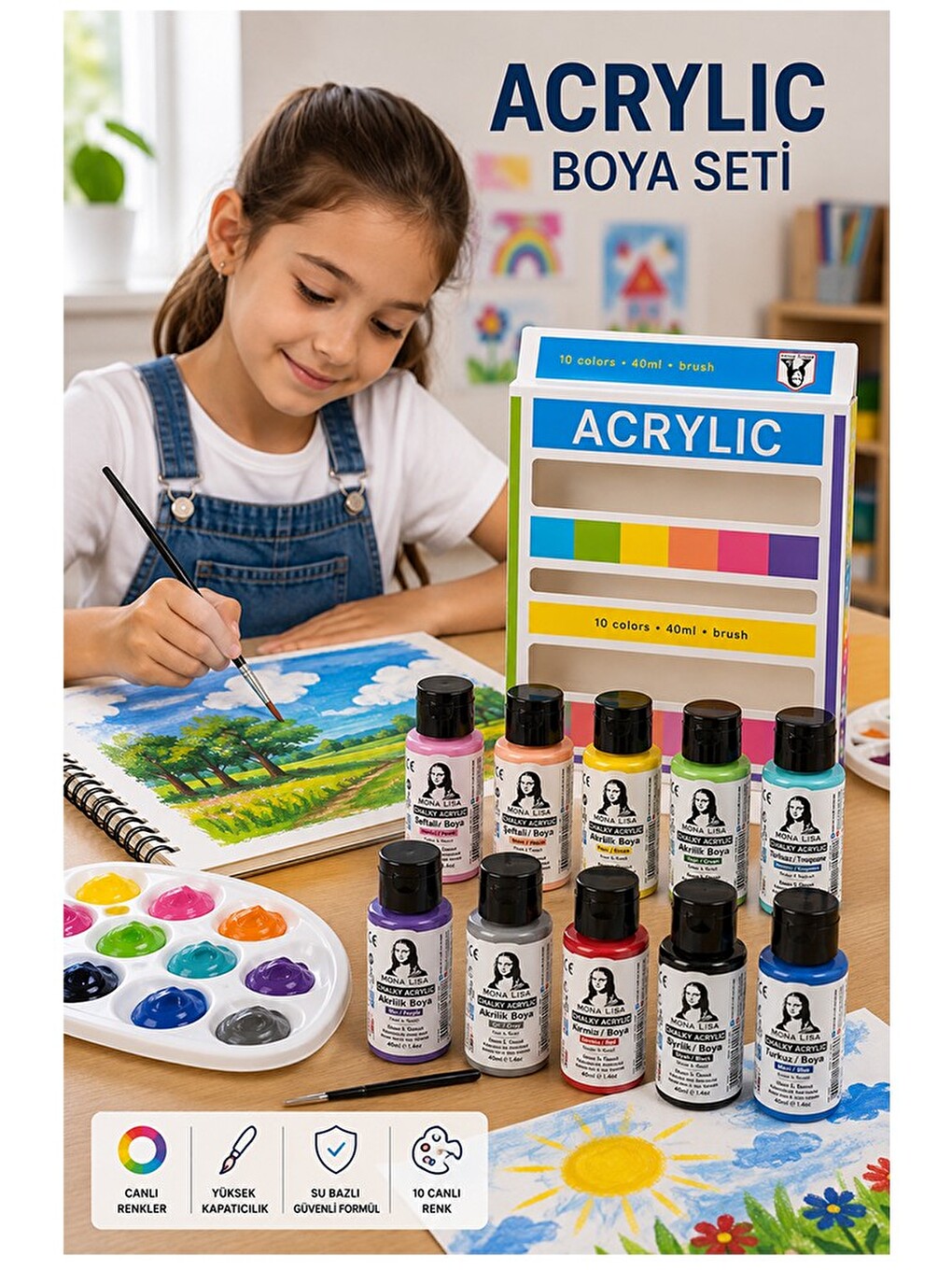Chalk Akrilik Boya 10 Renkx40 Ml Fırça Hediyeli 1 Paket Monalisa Akrilik Boya Resim Dersi Tuval Ahşa-1