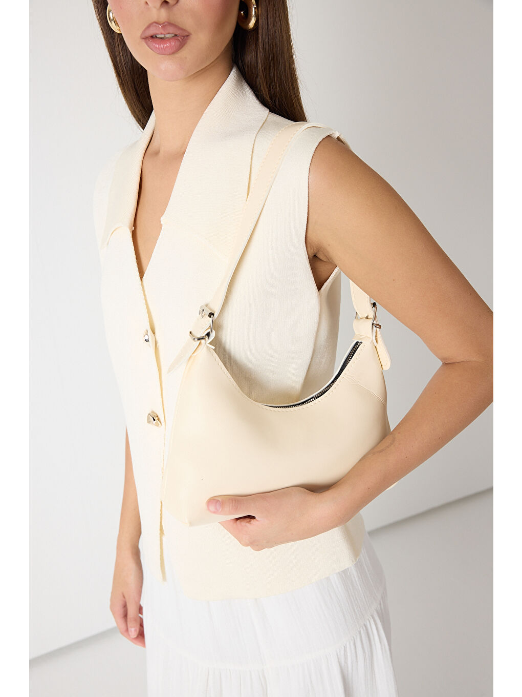 Ekru Kadın Krem Suni Deri Baget El ve Omuz Çantası-2