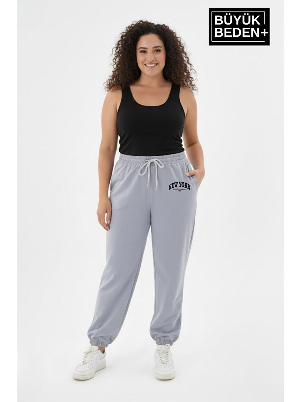 Gri Kadın Büyük Beden New York Paça Lastikli Rahat Kesim Jogger İnce Eşofman Altı SPR26BEAK951-5