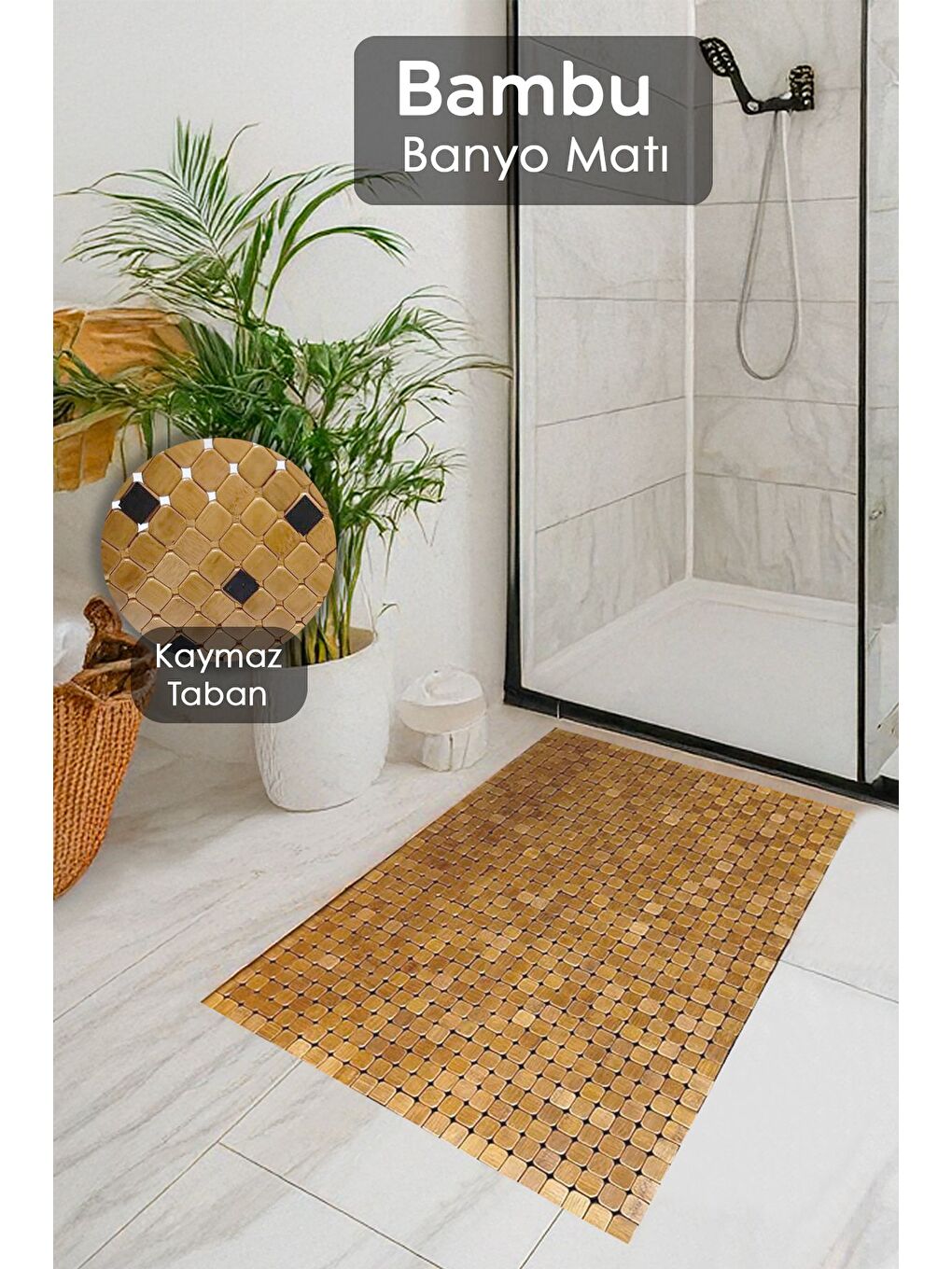 Bej Bambu Kaymaz Banyo Paspası Çok Amaçlı Kaydırmaz Taban Banyo Matı Kapı Önü Paspası Duş Kaydırmazı