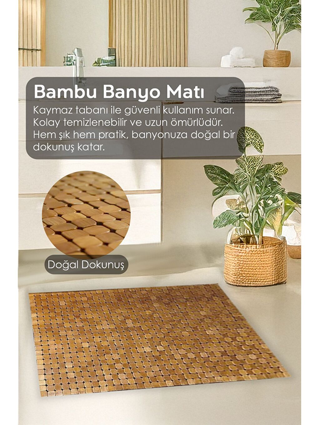 Bej Bambu Kaymaz Banyo Paspası Çok Amaçlı Kaydırmaz Taban Banyo Matı Kapı Önü Paspası Duş Kaydırmazı-1