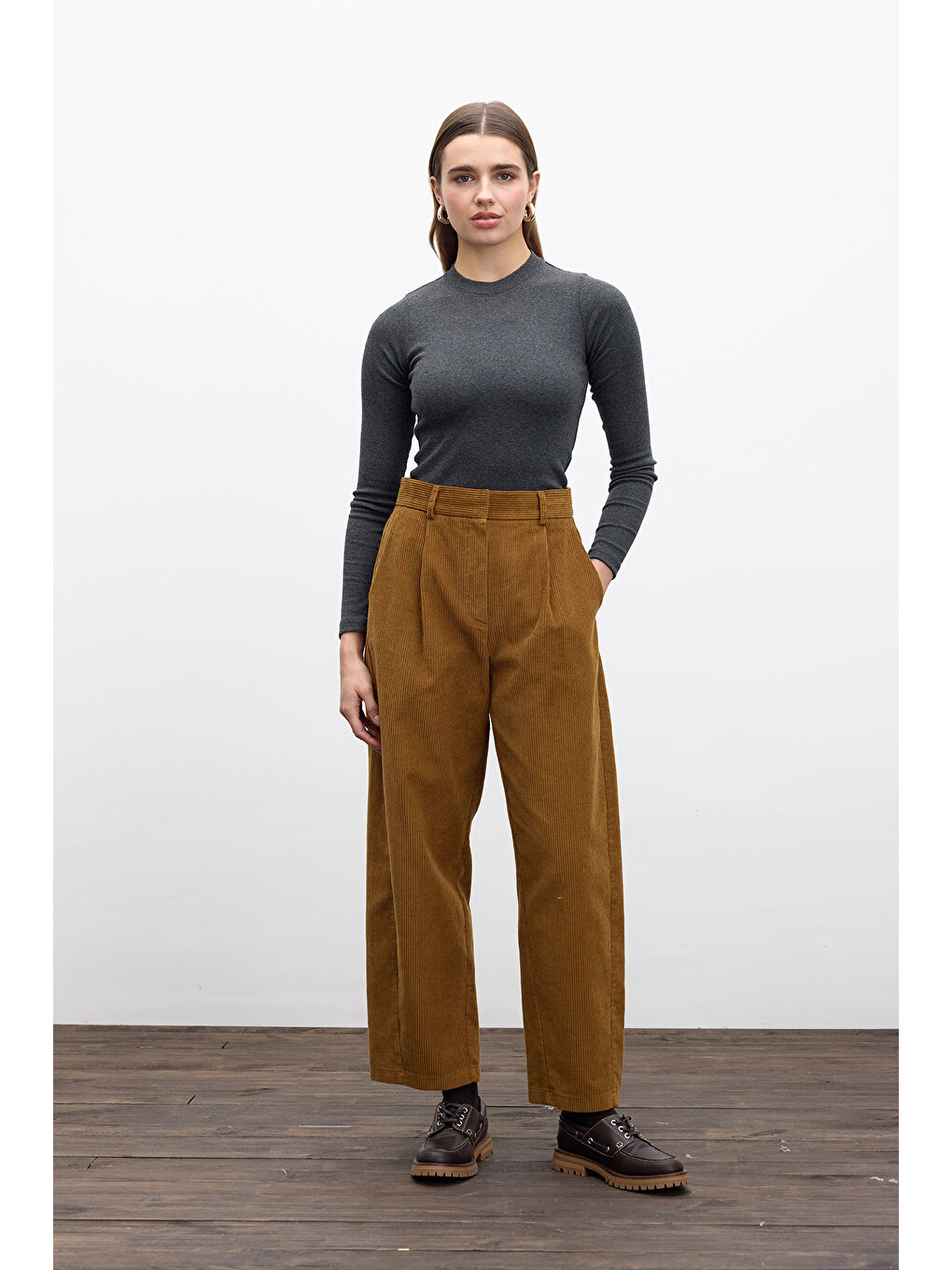 Kahverengi Fitilli Kadife Baggy Pantolon Kiremit-2