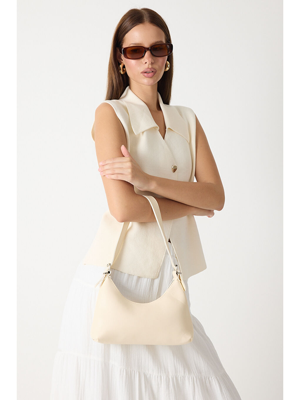 Ekru Kadın Krem Suni Deri Baget El ve Omuz Çantası-4