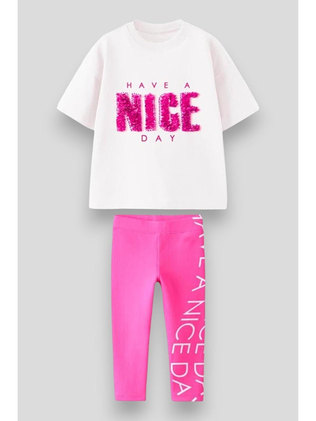 Karışık Kız Çocuk Pamuklu Beyaz Pembe Sloganlı Takım - “Have A Nice Day” Yazılı T-Shirt Ve Tayt