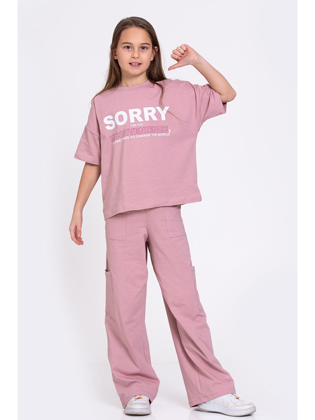 Pembe Gül Kurusu Sorry Baskı Bol Paçalı 8-12 Yaş Takım 2446-2