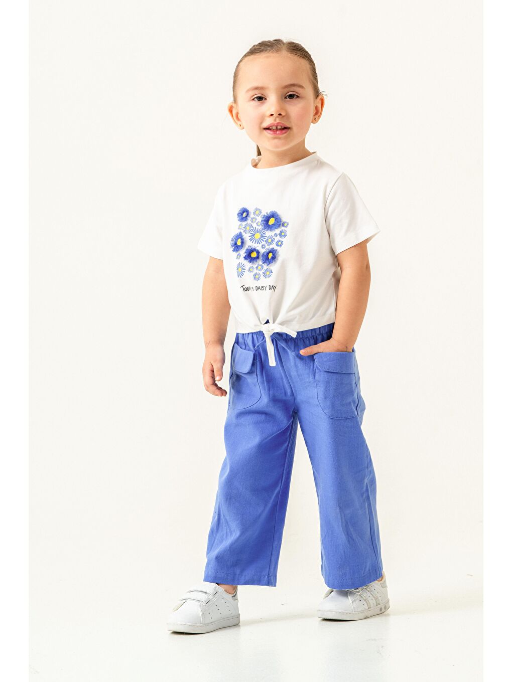 Mavi Kız Çocuk Çiçek Baskılı Tişört ve Pantolon-2