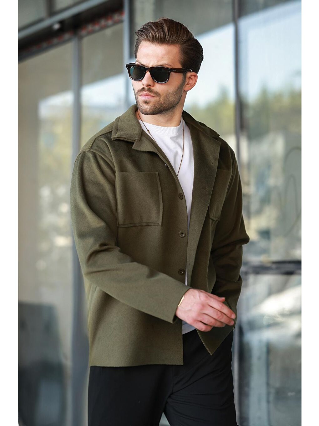 Haki Cepli Basic Erkek Polar Gömlek E6764-3