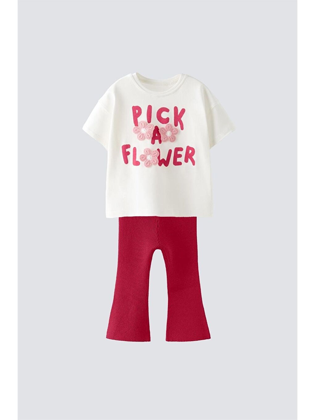 Pembe Kız Çocuk Pamuklu Beyaz Pick A Flower Yazılı T-Shirt Ve Tayt Takım - Çiçekli Slogan Detaylı