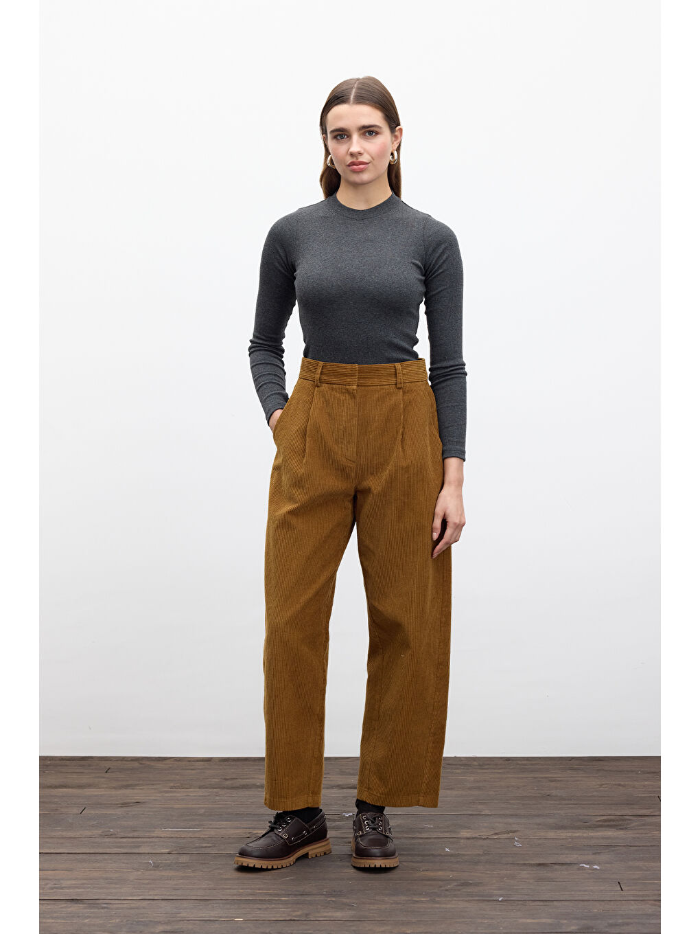 Kahverengi Fitilli Kadife Baggy Pantolon Kiremit-3