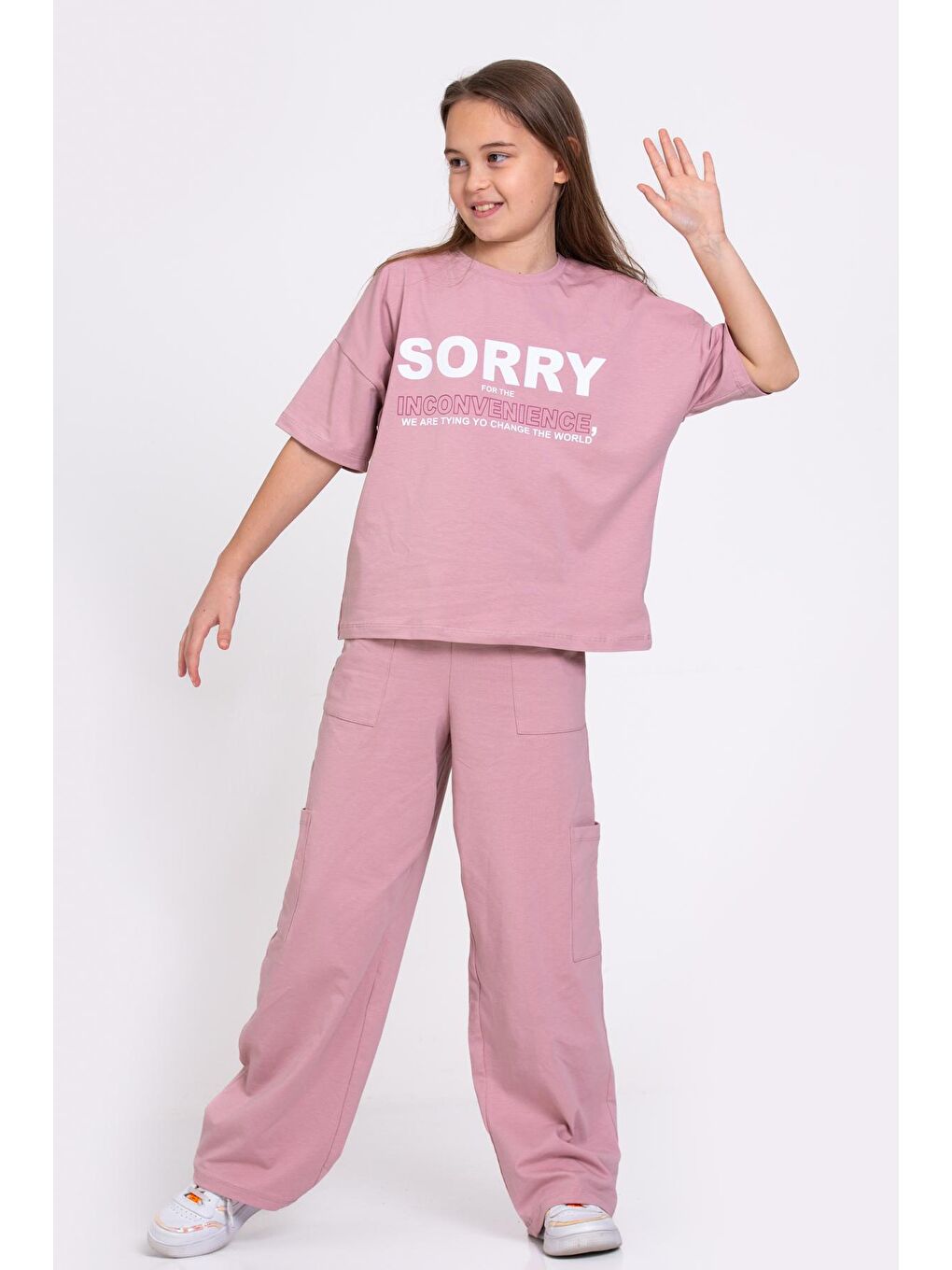 Pembe Gül Kurusu Sorry Baskı Bol Paçalı 8-12 Yaş Takım 2446-2-3