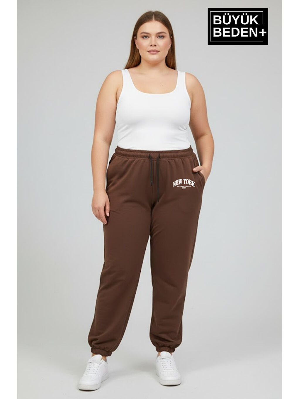 Kahverengi Kadın Büyük Beden New York Paça Lastikli Rahat Kesim Jogger İnce Eşofman Altı SPR26BEAK951-5