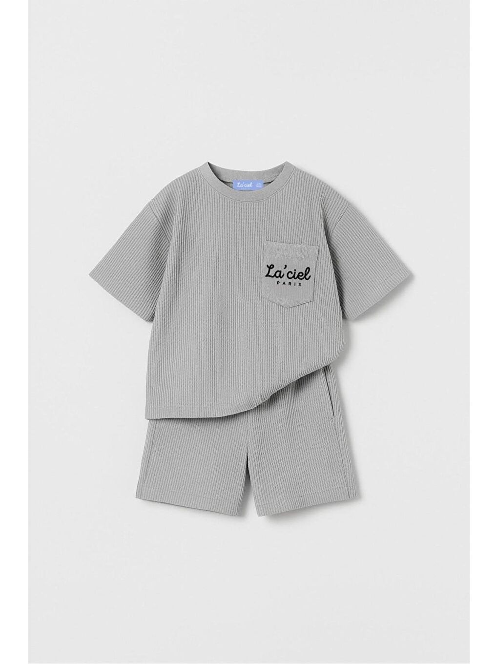 Unisex Çocuk Pamuklu Gri La'ciel Yazılı T-Shirt Ve Şort Takım - Gofre Dokulu