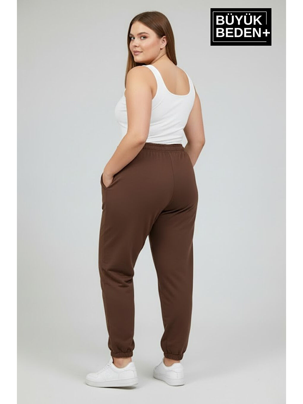 Kahverengi Kadın Büyük Beden New York Paça Lastikli Rahat Kesim Jogger İnce Eşofman Altı SPR26BEAK951-5-1