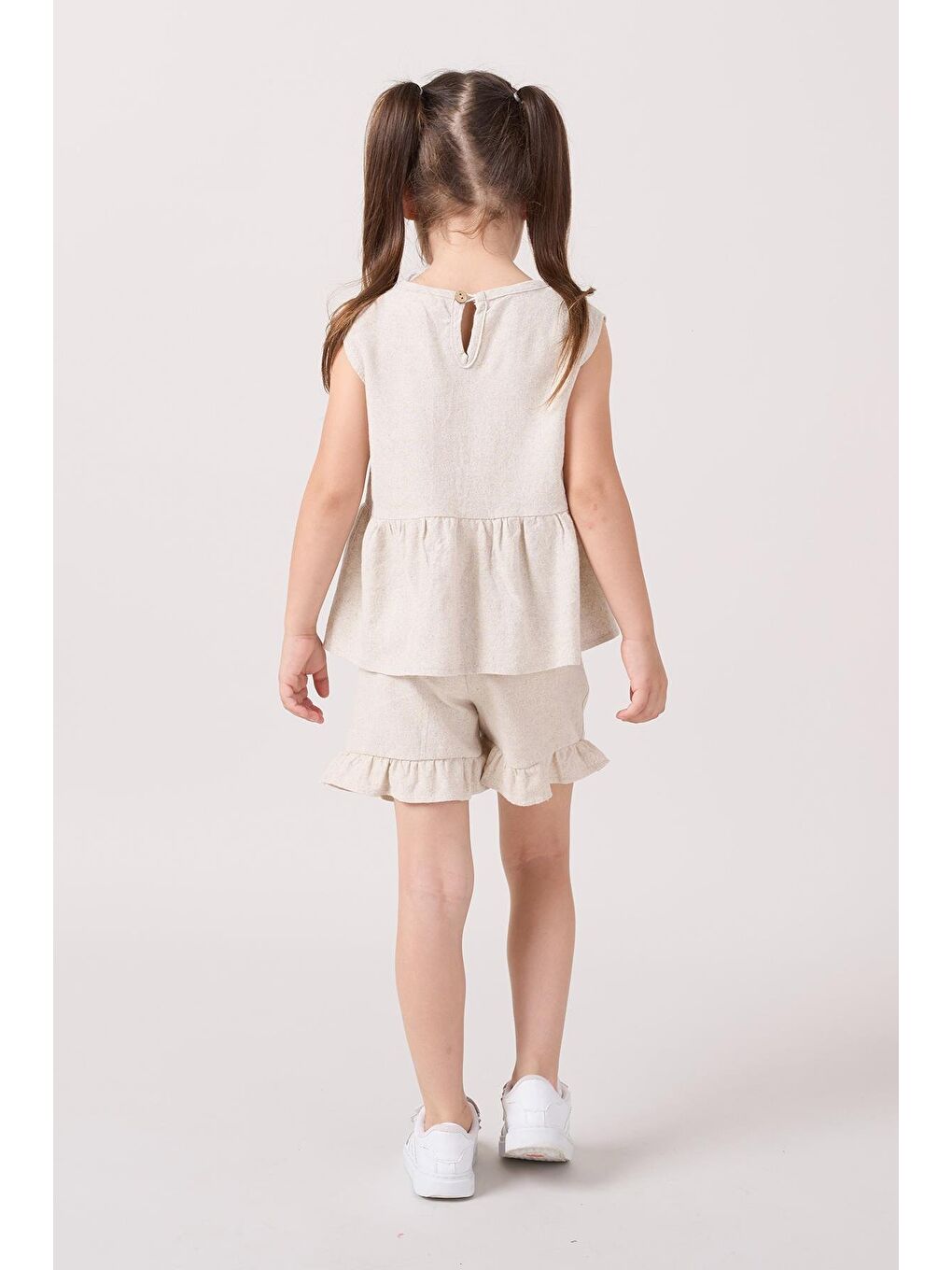 Ekru Kız Çocuk Keten Krem Fırfırlı Şort Ve Fiyonklu Bluz Takım-3