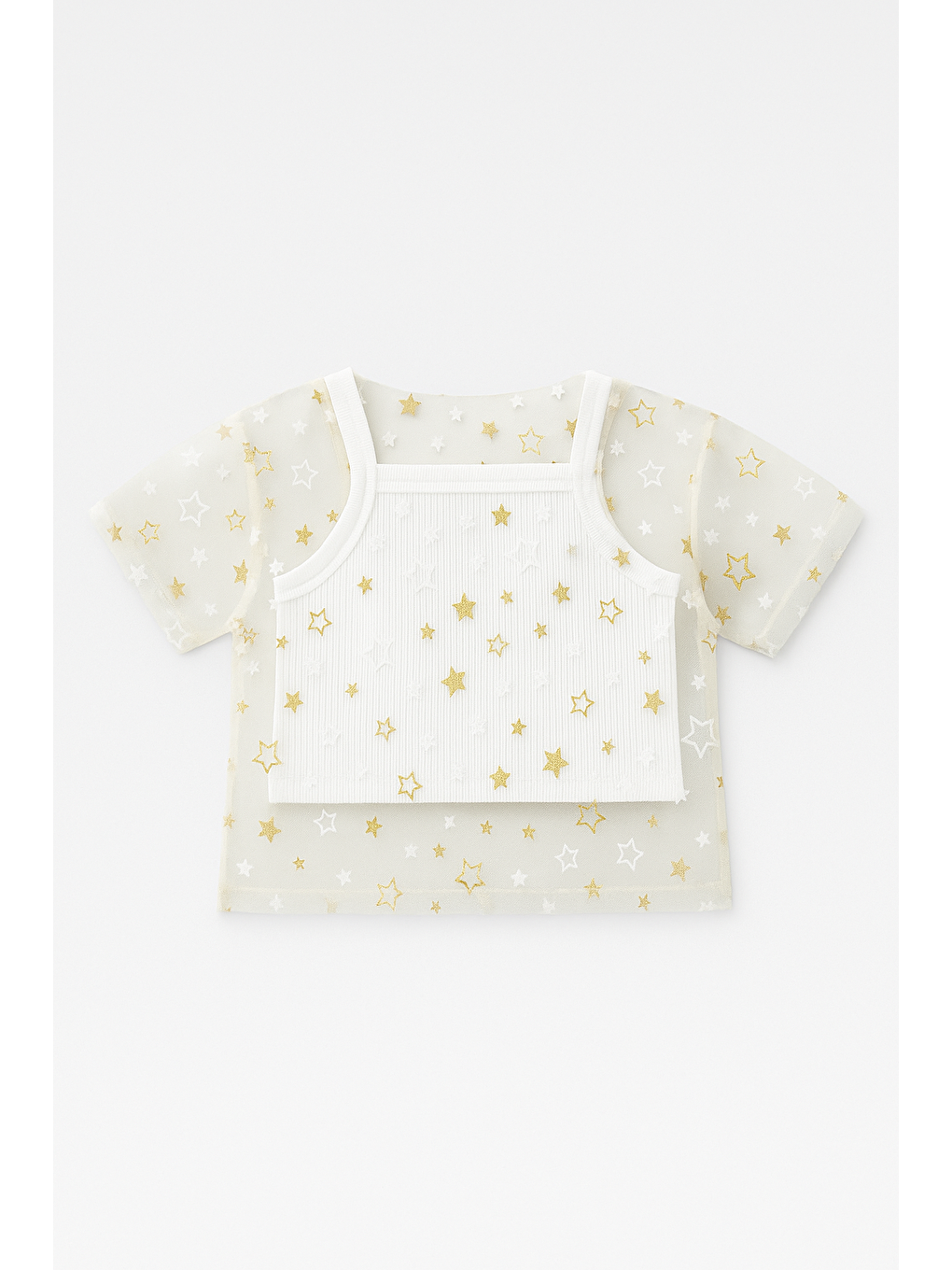 Karışık Kız Çocuk Transparan Yıldız Desenli Tül Bluz Ve Askılı Crop Takım -Yıldız Detaylı