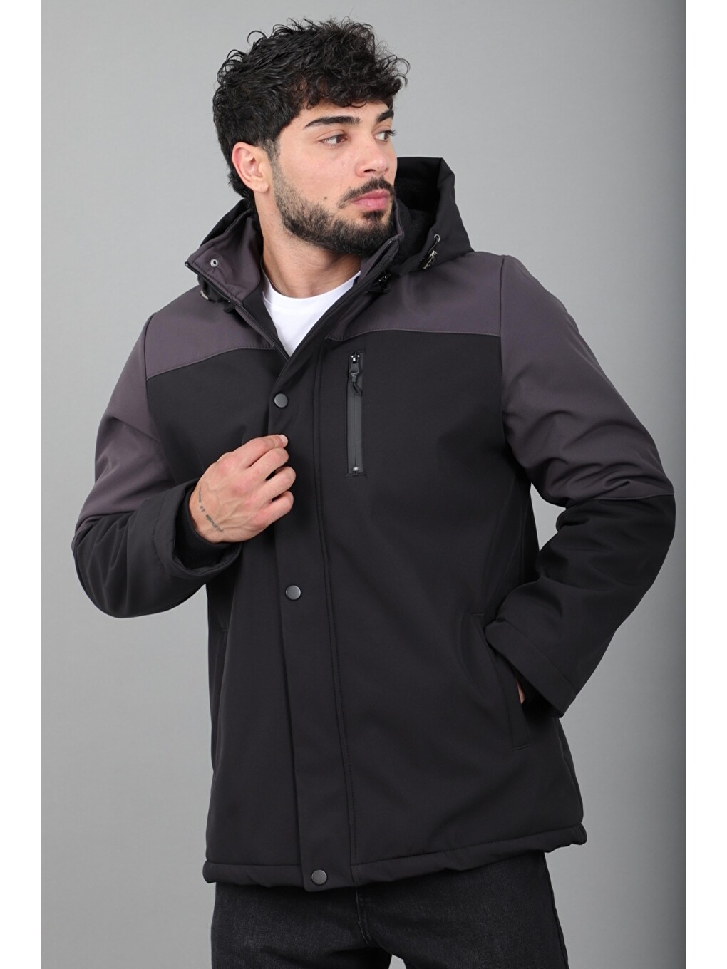 Antrasit Parçalı Outdoor Softshell Kışlık Mont Pldp 3038_50513-1