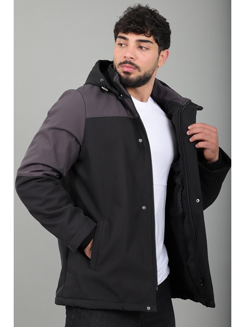 Antrasit Parçalı Outdoor Softshell Kışlık Mont Pldp 3038_50513-2