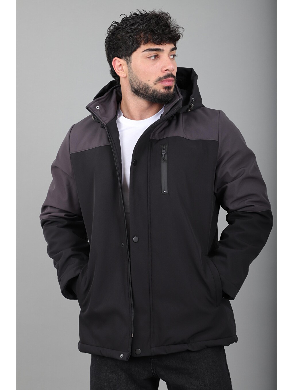 Antrasit Parçalı Outdoor Softshell Kışlık Mont Pldp 3038_50513-3