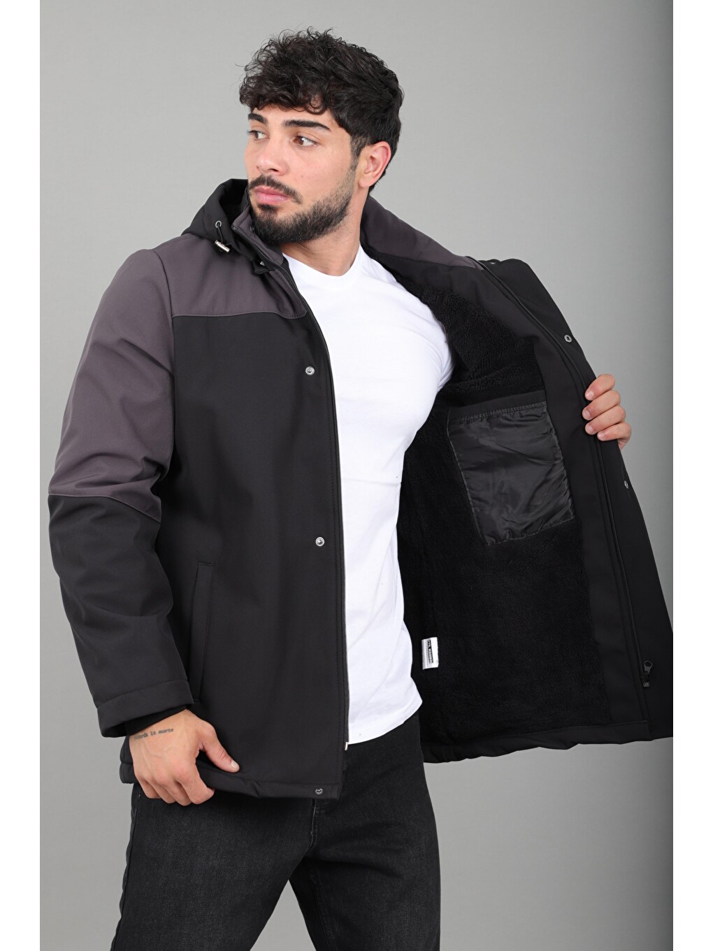 Antrasit Parçalı Outdoor Softshell Kışlık Mont Pldp 3038_50513-4